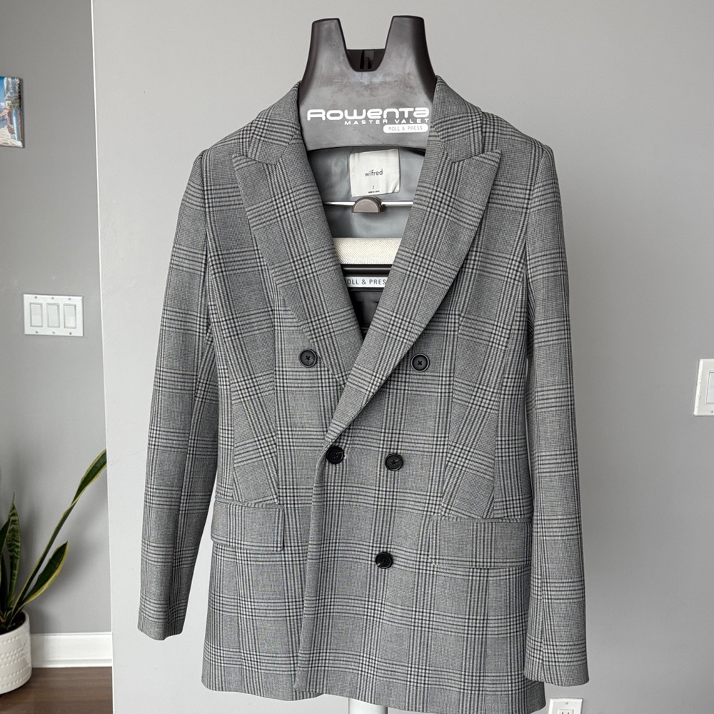 Aritzia - Wilfred Charcoal Checkered Double-Breasted Blazer